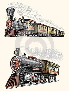 Engraved vintage, hand drawn, old locomotive or train with steam on american railway. retro transport.