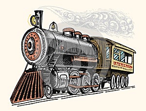 Engraved vintage, hand drawn, old locomotive or train with steam on american railway. retro transport.