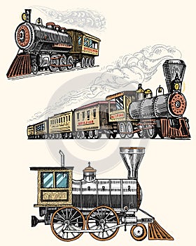 Engraved vintage, hand drawn, old locomotive or train with steam on american railway. retro transport.