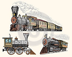Engraved vintage, hand drawn, old locomotive or train with steam on american railway. retro transport. photo