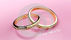 Engraved words on two connected golden wedding rings that symbolize marriage bond, living together forever, close up