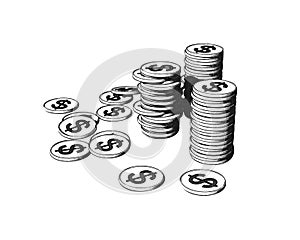 Engraving coin pile set isolated on white BG