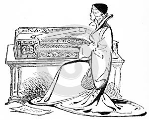 Engraving of a female harpsichord player