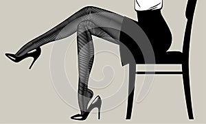 Engraving of female legs in dark stockings and high-heeled glossy black shoes