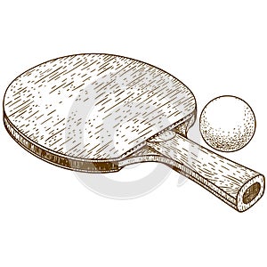 Engraving illustration of ping pong table tennis racket and ball