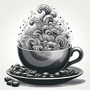 An engraving image of a cup of black coffee with steam