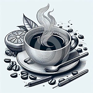 An engraving image of a cup of black coffee with steam, grains and lemon