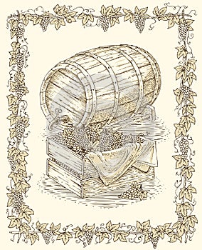 Engraving Oak Barrel and Wooden Box with Ripe Grape