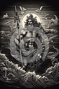 Engraving portrait of Neptune the Roman god of the sea who\'s Greek equivalent is Poseidon