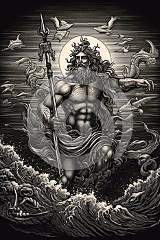 Engraving portrait of Neptune the Roman god of the sea who\'s Greek equivalent is Poseidon photo