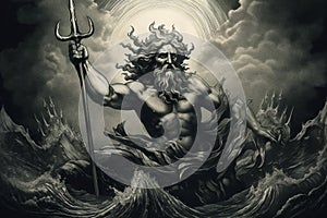 Engraving portrait of Neptune the Roman god of the sea who\'s Greek equivalent is Poseidon photo
