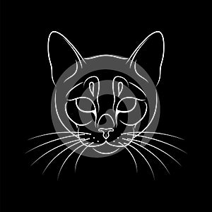 Engraving of stylized cat portrait on black background.