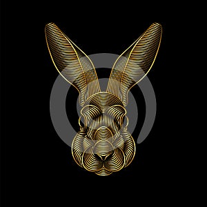 Engraving of stylized golden rabbit portrait on black background.