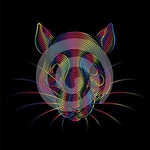 Engraving of stylized psychedelic rat portrait in spectrum colors