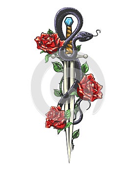 Engraving Tattoo with Snake and Roses on a Sword