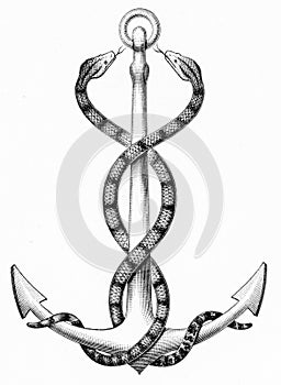 Engraving of two snakes entwined around an anchor