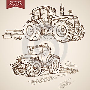 Engraving vintage hand drawn vector tractor Farm S