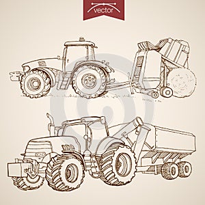 Engraving vintage hand drawn vector tractor Farm S