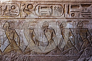 A engraving on the wall leading into the Great Temple of Ramses II at Abu Simbel in Egypt. photo