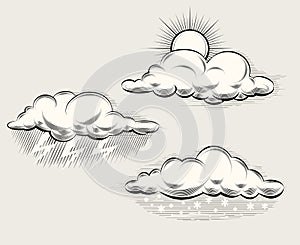 Engraving weather. Sun behind cloud, rain and lightning