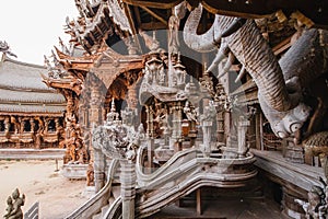 Engraving Wooden Sculptures in Sanctuary of The Truth at Pattaya. Chonburi Province, Thailand