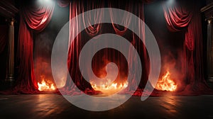 Engulfed in Flames Theatre Stage with Red Velvet Curtains On Fire. Generative AI