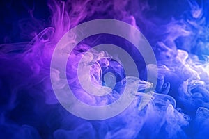 Engulfed in smoke, vibrant purple and blue searchlights create intrigue.