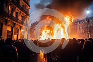 Engulfing Paris demonstration fire. Generate Ai