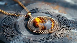 boho jewelry, enhance your boho style with a stunning tiger eye stone pendant on a golden chain, a perfect fashion photo