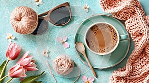 Enhance your day with the Hello Spring mood. An overhead shot of a photo frame declaring Hello Spring, fashionable photo