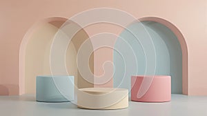 Enhance your delicate products with a soft, pastel-colored 3D podium against a clean backdrop for a refined presentation