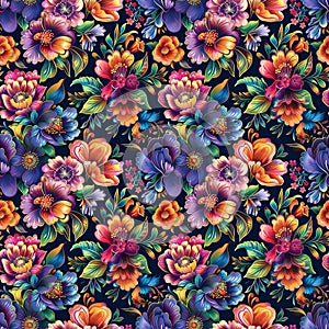 Vibrant Bohemian Floral Seamless Pattern, Ultra-High Resolution, Bold Colors, Intricate Details for Clothing, Home Decor, and More photo