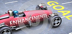 Enhancements helps reaching goals, pictured as a race car with a phrase Enhancements on a track as a metaphor of Enhancements