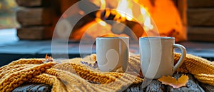 Enhancing The Cozy Autumn Ambiance With Coffee Mugs By The Crackling Fireplace