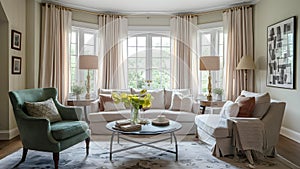 Enhancing the elegance and coziness of living rooms with soft curtains. Concept Living Room Decor,