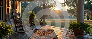 Enhancing relaxation with a rocking chair on a porch next to a potted plant. Concept Relaxing