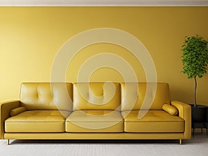 Enhancing Spaces with a Yellow Leather Sofa and Striking Wall Texture Background.