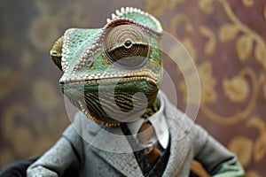 Enigmatic Anthropomorphic chameleon businessman. Generate Ai