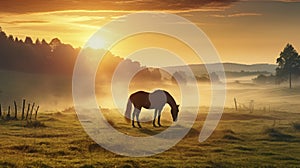 The Enigmatic Beauty of Arabian Horses on a Misty Field Under Orange Sundown Rays