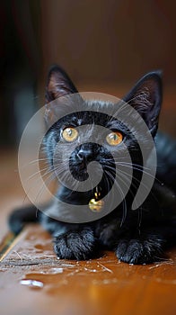 Enigmatic black cat on the ground, piercing yellow eyes captivate viewers