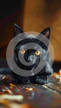 Enigmatic black cat on the ground, piercing yellow eyes captivate viewers