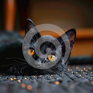 Enigmatic black cat on the ground, piercing yellow eyes captivate viewers photo