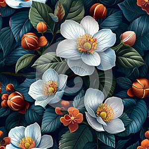 Enigmatic Blooms and Foliage: An Artistic Illustration of Vibrant Botanicals Against a Dark Backdrop Seamless Pattern. Generative