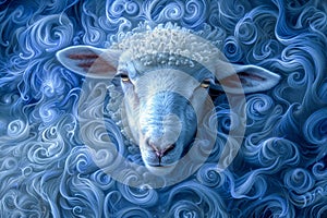 Enigmatic Blue Sheep with Swirling Patterns Illustration Surreal Image of Ovine Animal in Blue Tones for Artistic Concepts
