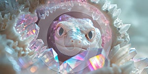 Enigmatic Creature Peering Through Colorful Crystal Formation