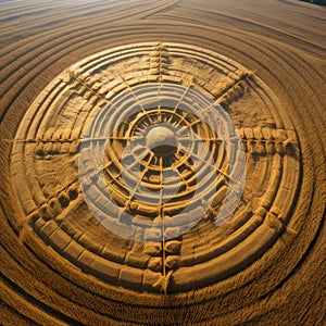 Enigmatic Crop Circle: Aerial View of Mysterious Design Amidst Wheat Fields