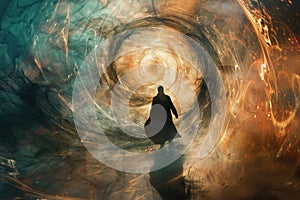 Enigmatic figure approaching swirling portal, abstract concept of time and dimensions