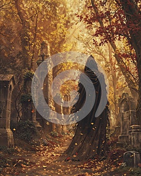 Enigmatic figure in autumn graveyard