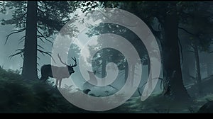 Enigmatic Forest Encounter: Wolf and Stag Duel./n