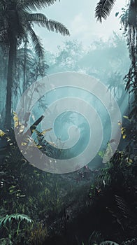 Enigmatic forest scene shrouded in mystical mist and intriguing shadows